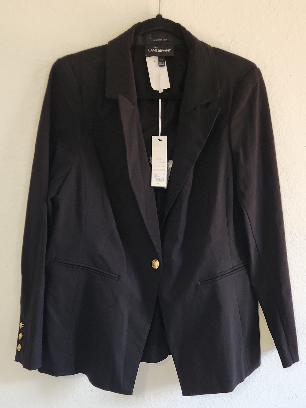 NWT Business Casual Lane Bryant The Bryant Blazer Black Gold Buttons Size 14